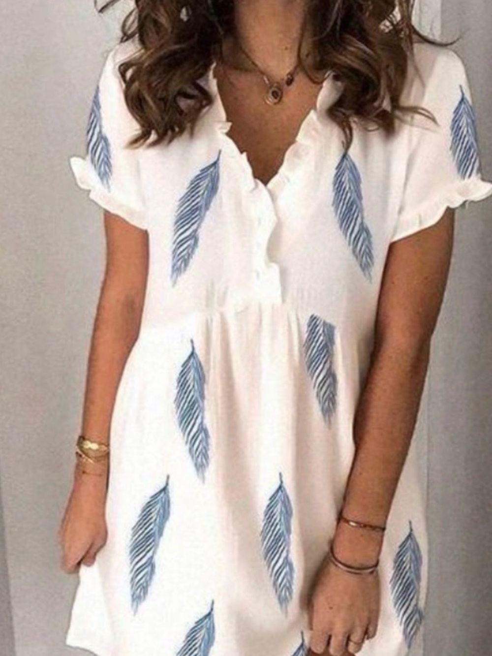 Amazon Women's White Dress with Blue Feather Print